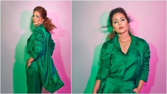 A few days ago, Hina Khan made headlines when she posed in a green satin pantsuit.(Instagram/@realhinakhan)