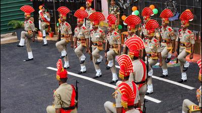 BSF personnel participating in the Retreat Ceremony at Suchetgarh along the International Border in Jammu on Saturday. Inaugurated by J&K L-G Manoj Sinha, the ceremony will be held on the Indian side on Saturdays and Sundays at 5.15pm. (PTI) BSF personnel participating in the Retreat Ceremony at Suchetgarh along the International Border in Jammu on Saturday. Inaugurated by J&K L-G Manoj Sinha, the ceremony will be held on the Indian side on Saturdays and Sundays at 5.15pm. (PTI)