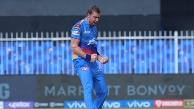 Anrich Nortje bowled an exception wicket-maiden in the 15th over. He celebrates after picking up the wicket of Kieron Pollard (15). (BCCI/IPL) Anrich Nortje bowled an exception wicket-maiden in the 15th over. He celebrates after picking up the wicket of Kieron Pollard (15). (BCCI/IPL)
