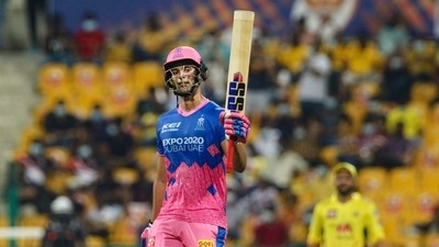 Abu Dhabi: Shivam Dube of Rajasthan Royals raises his bat after scoring a fifty during match 47 of the Indian Premier League between the Rajasthan Royals and the Chennai Super Kings held at the Sheikh Zayed Stadium, Abu Dhabi, Saturday, Oct. 2, 2021. (PTI) Abu Dhabi: Shivam Dube of Rajasthan Royals raises his bat after scoring a fifty during match 47 of the Indian Premier League between the Rajasthan Royals and the Chennai Super Kings held at the Sheikh Zayed Stadium, Abu Dhabi, Saturday, Oct. 2, 2021. (PTI)