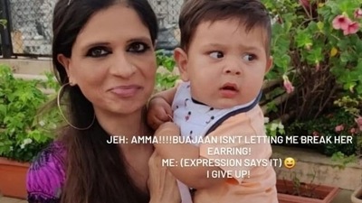 Saba Ali Khan holds Jehangir Ali Khan in her arms. Saba Ali Khan holds Jehangir Ali Khan in her arms. 