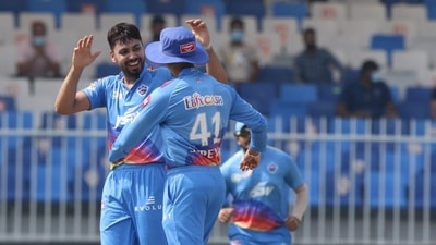 Avesh Khan celebrates the wicket of Rohit Sharma (7). (BCC/IPL) Avesh Khan celebrates the wicket of Rohit Sharma (7). (BCC/IPL)