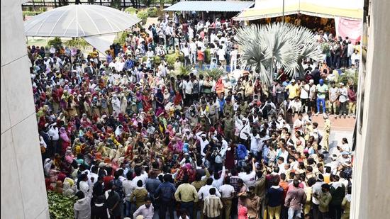 Gurugram, India - Oct. 2, 2021: Sanitation workers (Safai Karanchari) of MCG stage a protest at MCG office, Sector 34 headquarter, in Gurugram, India, on Saturday, October 2, 2021. (Photo by Vipin Kumar / Hindustan Times) (Vipin Kumar /HT PHOTO)