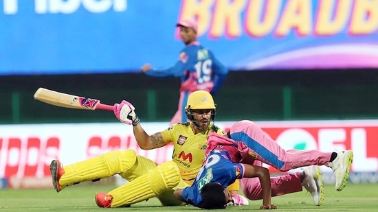 Faf du Plessis of Chennai Super Kings collides with Mustafizur Rahman of Rajasthan Royals during the Vivo Indian Premier League match between the Rajasthan Royals and the Chennai Super Kings, at the Sheikh Zayed Stadium, in Abu Dhabi on Saturday.(ANI)
