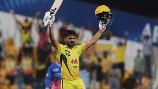 Ruturaj Gaikwad of Chennai Super Kings celebrates his century during the match 47 of Vivo Indian Premier League between the Rajasthan Royals and the Chennai Super Kings, at the Sheikh Zayed Stadium, in Abu Dhabi on Saturday.&nbsp;(ANI)