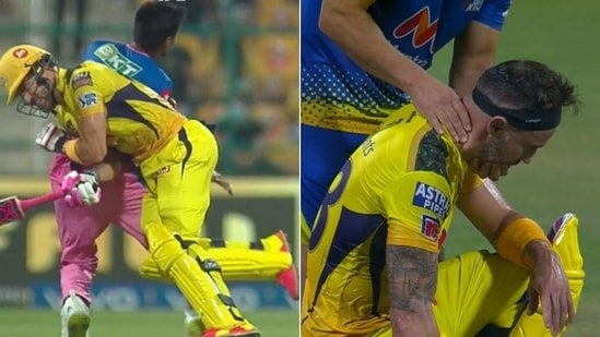 IPL 2021: Faf du Plessis, Mustafizur involved in a nasty collision in Abu Dhabi - WATCH(HT Collage)