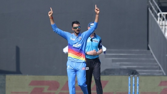 Axar Patel celebrates after picking three crucial wickets of Quinton de Kock (19), Suryakumar Yadav (33), and Saurabh Tiwary (15).(BCCI/IPL)