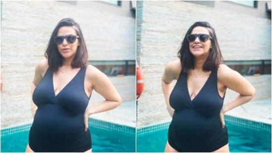 Neha Dhupia had earlier set the Internet ablaze when she posed in black swimwear by the pool.(Instagram/@nehadhupia)