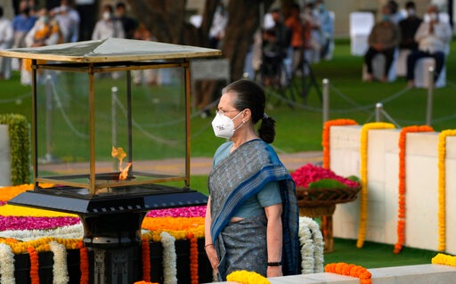 Congress party president Sonia Gandhi pays tribute to iconic leader Mahatma Gandhi on his birth anniversary at Rajghat, the Gandhi memorial, in New Delhi, India, Saturday, Oct. 2, 2021. ( AP) Congress party president Sonia Gandhi pays tribute to iconic leader Mahatma Gandhi on his birth anniversary at Rajghat, the Gandhi memorial, in New Delhi, India, Saturday, Oct. 2, 2021. ( AP)