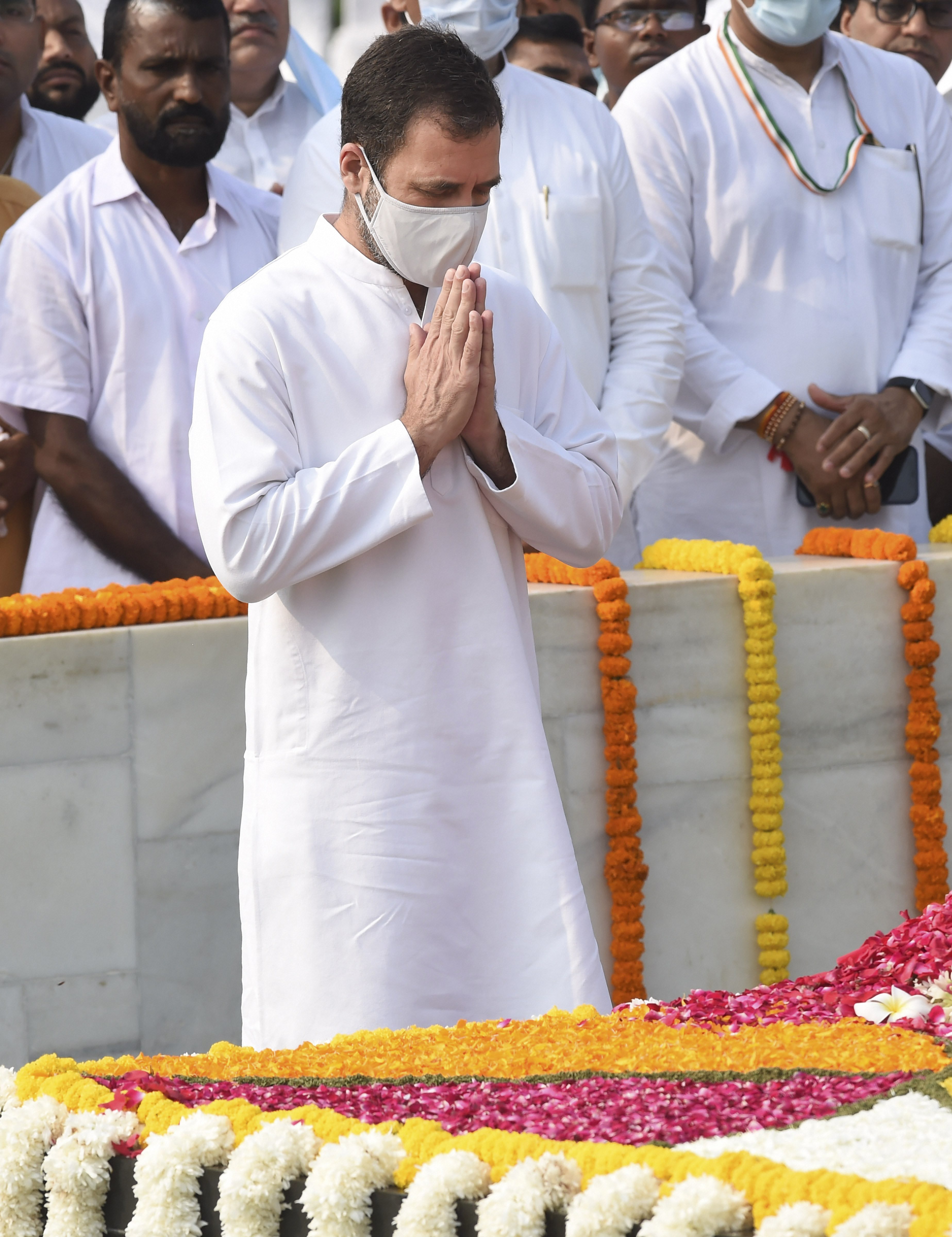 Congress leader Rahul Gandhi pays tribute to Mahatma Gandhi at Rajghat in New Delhi, “Only one Satyagrahi is enough for victory,” Rahul tweets a quote by Mahatma Gandhi.&nbsp; ( PTI)