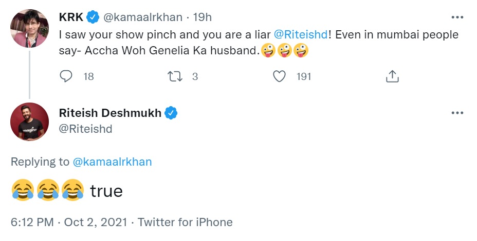 Riteish Deshmukh membalas tweet KRK.
