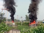 Eight people were killed as clashes broke out in the region after a car hit protesting farmers, prompting an angry crowd to burn two vehicles and widen their agitation.(ANI) Eight people were killed as clashes broke out in the region after a car hit protesting farmers, prompting an angry crowd to burn two vehicles and widen their agitation.(ANI)