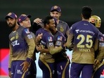 KKR spinner Shakib Al Hasan celebrates with teammates after running Williamson out with a direct hit.(BCCI/IPL)