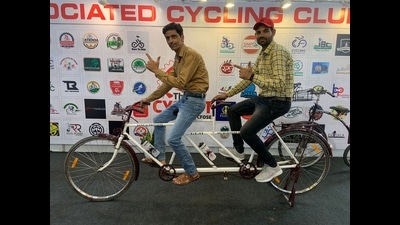 A double-seater cycle made from scrap by Kotkapura-based brothers, Sumil and Rohit Baweja, on display at the Cycle, Fitness and Outdoor Sports Expo at Government College for Girls. (HT photo) A double-seater cycle made from scrap by Kotkapura-based brothers, Sumil and Rohit Baweja, on display at the Cycle, Fitness and Outdoor Sports Expo at Government College for Girls. (HT photo)