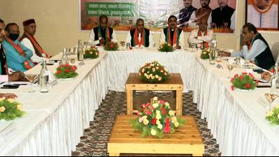 Himachal CM Jai Ram Thakur along with other senior BJP functionaries during the election committee meeting in Dharamshala on Sunday. (HT Photo) Himachal CM Jai Ram Thakur along with other senior BJP functionaries during the election committee meeting in Dharamshala on Sunday. (HT Photo)