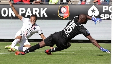 PSG's Kylian Mbappe fails to score during the French League One soccer match between Rennes and Paris Saint-Germain (AP)