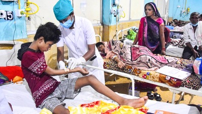 At the Subhash Chandra Bose Government Medical Hospital, Jabalpur, 70 children have been admitted, although there are 40 beds in the paediatric ward. (PTI) At the Subhash Chandra Bose Government Medical Hospital, Jabalpur, 70 children have been admitted, although there are 40 beds in the paediatric ward. (PTI)
