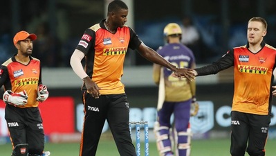 Jason Holder celebrates Venkatesh Iyer's wicket. (BCCI/IPL)