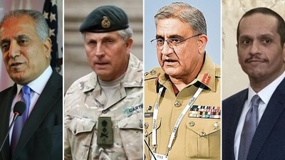 The deal makers were US special envoy Zalmay Khalilzad, now Taliban deputy prime minister Mullah Abdul Ghani Baradar, Qatari national security advisor Mohammed bin Ahmed Al Mesned, UK chief of defence staff Nick Carter and Pakistani army chief Qamar Jawed Bajwa. (File Photo) The deal makers were US special envoy Zalmay Khalilzad, now Taliban deputy prime minister Mullah Abdul Ghani Baradar, Qatari national security advisor Mohammed bin Ahmed Al Mesned, UK chief of defence staff Nick Carter and Pakistani army chief Qamar Jawed Bajwa. (File Photo)