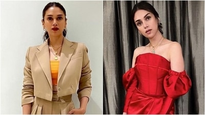 Power suit or thigh-slit gown: Aditi Rao Hydari wears two glam outfits in new pics, which look do you prefer? (Instagram/@sanamratansi) Power suit or thigh-slit gown: Aditi Rao Hydari wears two glam outfits in new pics, which look do you prefer? (Instagram/@sanamratansi)