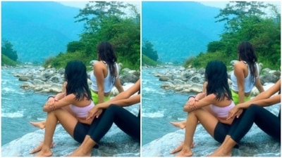 The one where they posed beside a flowing river, overlooking the mountains. While Janhvi chose her neon colours, one of her friends was spotted sporting a pink tank top with black shorts, and another friend went all black in a cropped tank top and jeggings. (Instagram/@janhvikapoor)