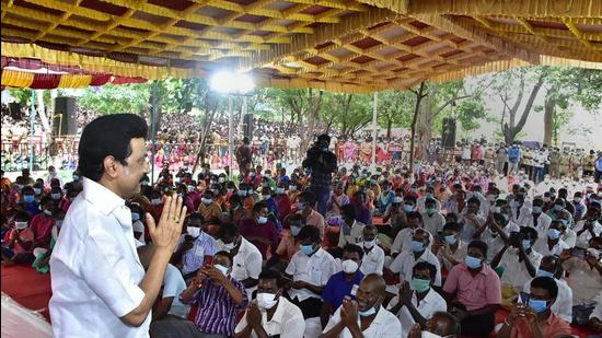 On Saturday, on the occasion of Gandhi Jayanti, Tamil Nadu chief minister M K Stalin chaired a gram sabha meeting at Pappapatti, a remote village in Madurai district. (Agencies)