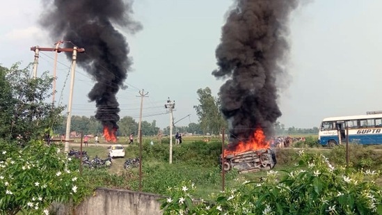 Eight people were killed as clashes broke out in the region after a car hit protesting farmers, prompting an angry crowd to burn two vehicles and widen their agitation.(ANI)