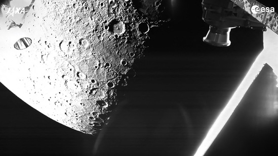 A handout photo made available by the European Space Agency on October 2, 2021 shows a view of Mercury captured on October 1, 2021 by the joint European-Japanese BepiColombo mission as the spacecraft flew past the planet for a gravity assist manoeuvre.(AFP)