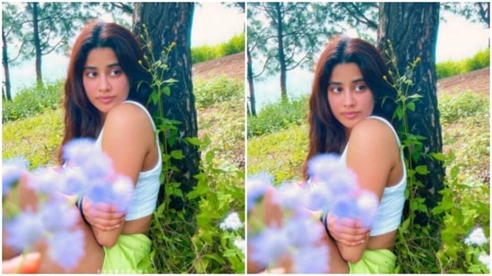 She played muse to one of her friend’s camera who clicked her with the wildflowers. Janhvi, resting with her back to a tree, can be seen posing while looking away from the camera.(Instagram/@janhvikapoor)