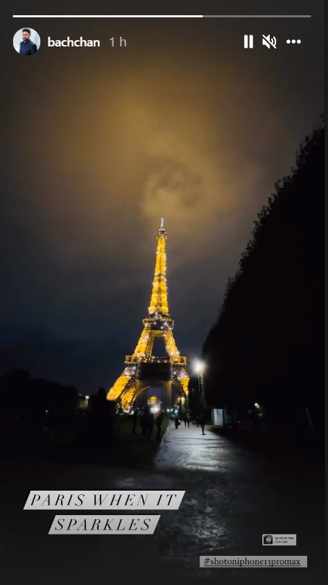 Abhishek Bachchan shared a glimpse of the lit-up Eiffel Tower.