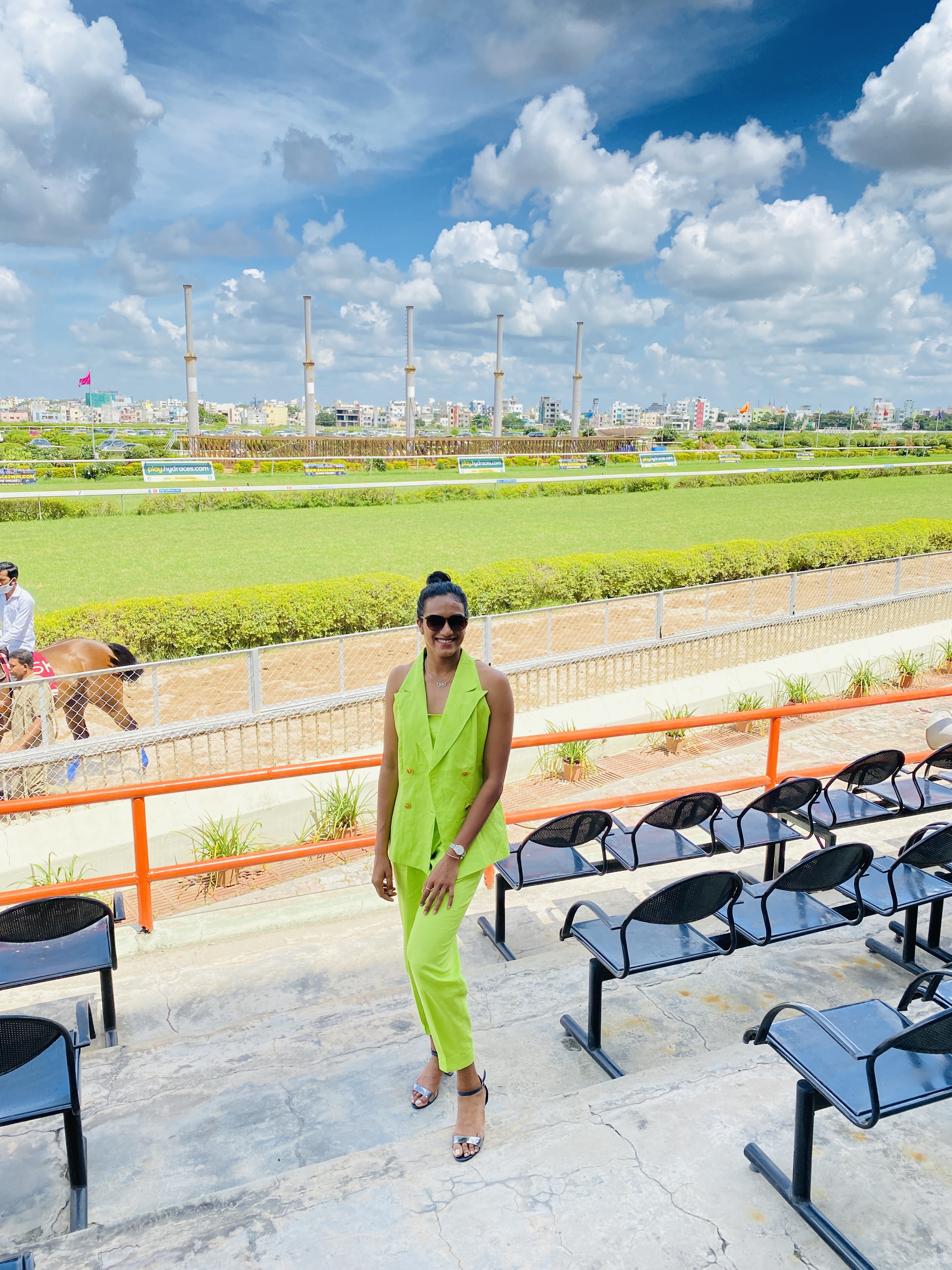 PV Sindhu poses in the backdrop of the race course in Hyderabad(Bornali Talukdar)