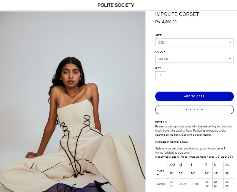 Sobhita Dhulipala's bustier corset top from Polite Society (politesocietyshop.com)