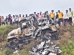 One of the vehicles that allegedly ran over the farmers and killed them was set ablaze in Tikunia, Lakhimpur Kheri, Uttar Pradesh.(HT Photo) One of the vehicles that allegedly ran over the farmers and killed them was set ablaze in Tikunia, Lakhimpur Kheri, Uttar Pradesh.(HT Photo)