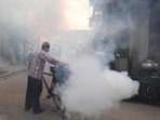 A civic employee fumigates a road in Delhi.(HT Photo) A civic employee fumigates a road in Delhi.(HT Photo)