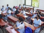Mumbai: Students attend a class after schools reopend for 8th to 10th standard students in Mumbai, Monday, &nbsp;Schools in Maharashtra's Pune district also reopened for physical classes on Monday.