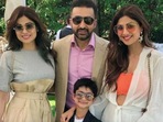 Shamita Shetty poses with sister Shilpa Shetty, brother-in-law Raj Kundra, and nephew Viaan. Shamita Shetty poses with sister Shilpa Shetty, brother-in-law Raj Kundra, and nephew Viaan.