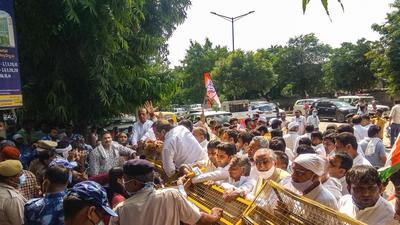 Congress workers stage a protest over the Lakhimpur Kheri incident, outside Mini Secretariat in Faridabad, on Monday. (PTI) Congress workers stage a protest over the Lakhimpur Kheri incident, outside Mini Secretariat in Faridabad, on Monday. (PTI)