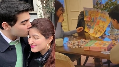 Twinkle Khanna and her son Aarav solve a jigsaw puzzle. Twinkle Khanna and her son Aarav solve a jigsaw puzzle. 