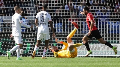 Rennes' Gaetan Laborde, right, scores his side's opening goal during the French League One. (AP) Rennes' Gaetan Laborde, right, scores his side's opening goal during the French League One. (AP)