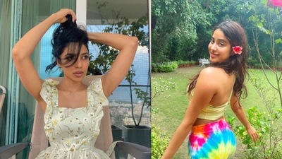 Sobhita Dhulipala eyes Janhvi Kapoor's rainbow coloured pants. Sobhita Dhulipala eyes Janhvi Kapoor's rainbow coloured pants. 