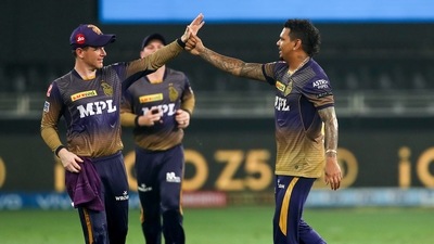 Dubai: Sunil Narine of Kolkata Knight Riders celebrates the wicket of Aiden Markram of Punjab Kings during match 45 of the Indian Premier League between the Kolkata Knight Riders and Punjab Kings, at the Dubai International Stadium, Friday, Oct. 1, 2021. (PTI Photo/Sportzpics for IPL)(PTI10_01_2021_000262B) (PTI) Dubai: Sunil Narine of Kolkata Knight Riders celebrates the wicket of Aiden Markram of Punjab Kings during match 45 of the Indian Premier League between the Kolkata Knight Riders and Punjab Kings, at the Dubai International Stadium, Friday, Oct. 1, 2021. (PTI Photo/Sportzpics for IPL)(PTI10_01_2021_000262B) (PTI)