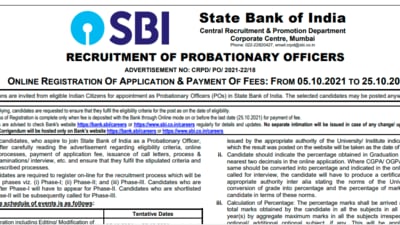 SBI PO Recruitment 2021: Eligible candidates can check notification in the careers section of SBI’s official website and apply for the posts from Tuesday, October 5, 2021. (sci.co.in/careers)