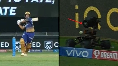Nitish Rana's powerful pull shot breaks camera lens at boundary line (HT Collage)
