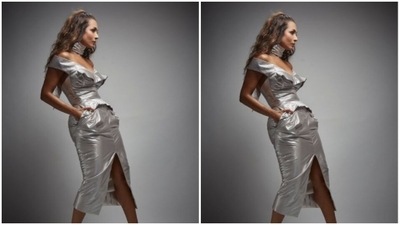 For footwear, Malaika threw in a pair of matching metallic silver stilettoes. The actor posed in her silver ensemble from a side and gave us a glimpse of how stunning she looks. (Instagram/@manekaharisinghani)