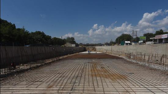 The flyover and underpass were at Atul Kataria Chowk initially expected to be completed in November 2019, but hit roadblocks and the deadline was moved to May 2021. However, the revised deadline could not be met due to Covid-19. (Vipin Kumar /HT PHOTO)