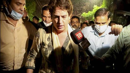 Congress general secretary Priyanka Gandhi Vadra and other party leaders reach to meet the victims of the violence that erupted during a farmers' protest and claimed eight lives a day earlier, in Lakhimpur Kheri, Monday. (PTI)