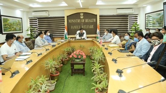 Union health minister Mansukh Mandaviya launching the i-Drone project on Monday.(ANI Photo)