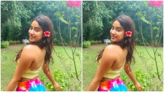“Flower child,” Janhvi captioned the post. Janhvi posed with a flower tucked behind her ears, with a plant blooming with flowers. Janhvi wore only her smile as the best makeup and she is glowing in the pictures.(Instagram/@janhvikapoor)
