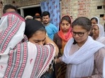 Sushmita Dev with Lakhimpur victims' families(Twitter/AITCOfficial) Sushmita Dev with Lakhimpur victims' families(Twitter/AITCOfficial)