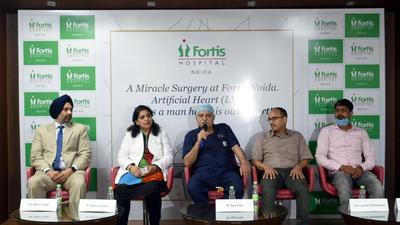 Doctors who treated Hani Jawad Mohammad (56) speak to the media in Noida’s Fortis Hospital on Tuesday. (Sunil Ghosh/HT Photo)